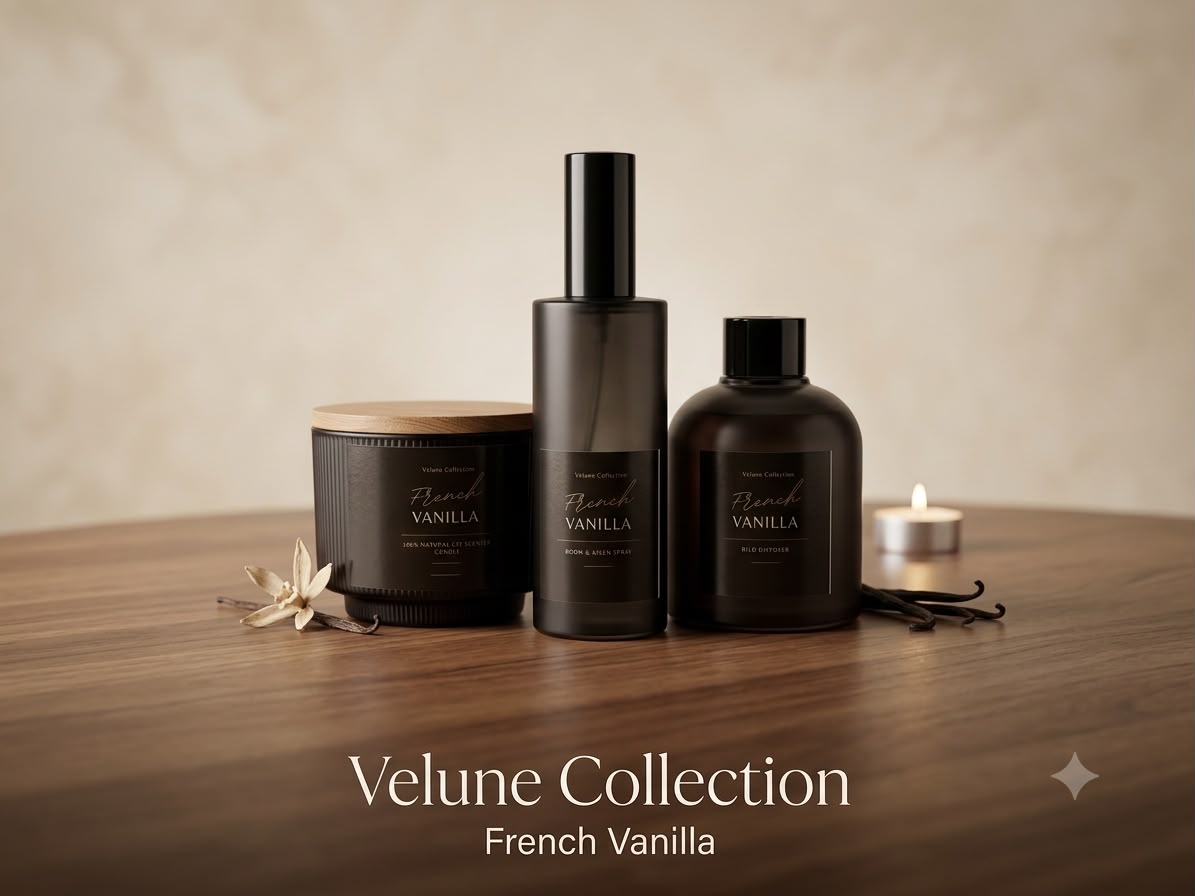 Velune Collection — French Vanilla scented candle, diffuser, and spray