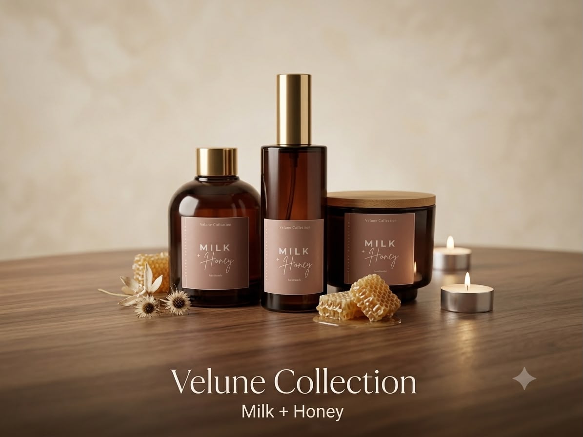 Velune Collection — Milk and Honey scented candle, diffuser, and spray